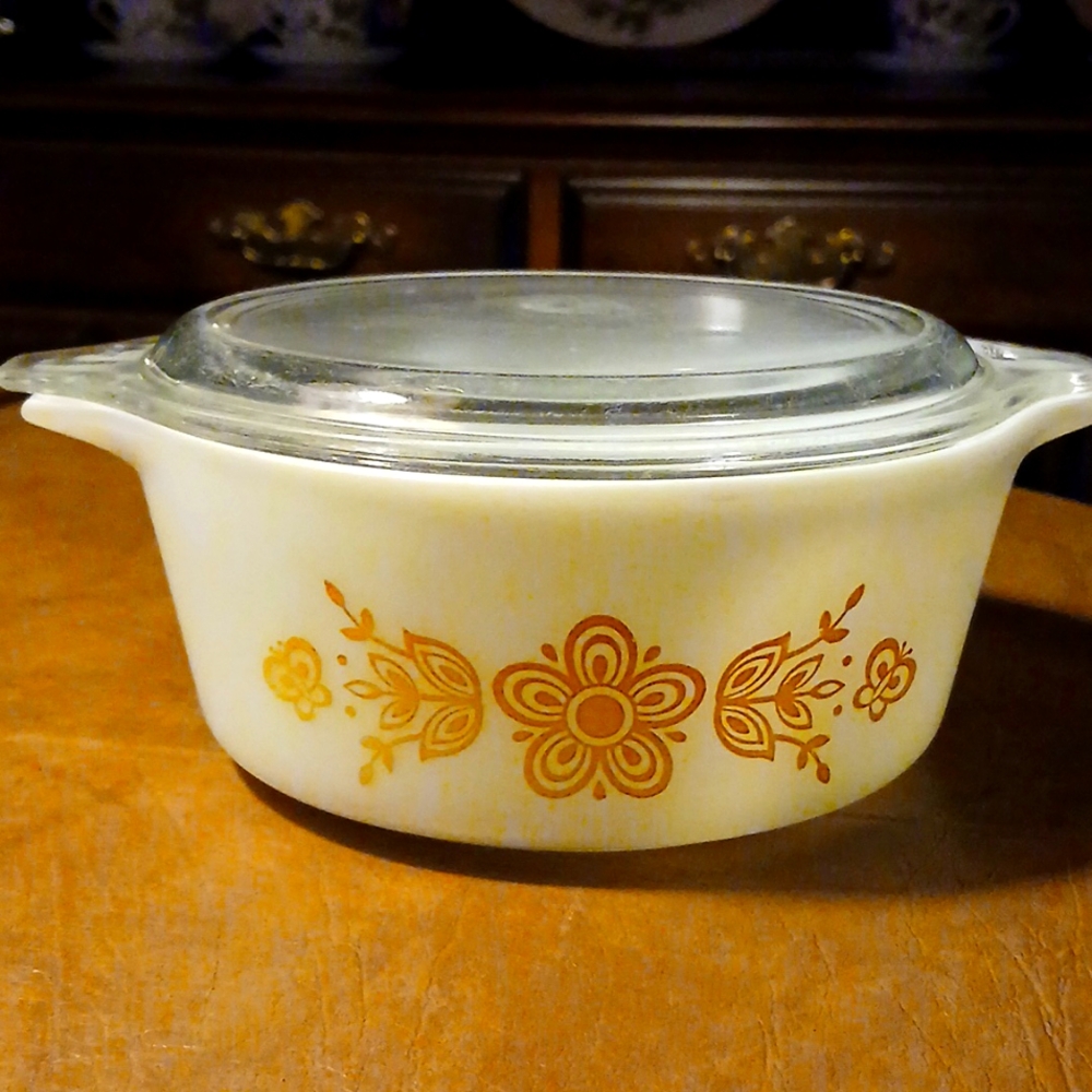 Vintage Pyrex Golden Butterfly baking dish with cover